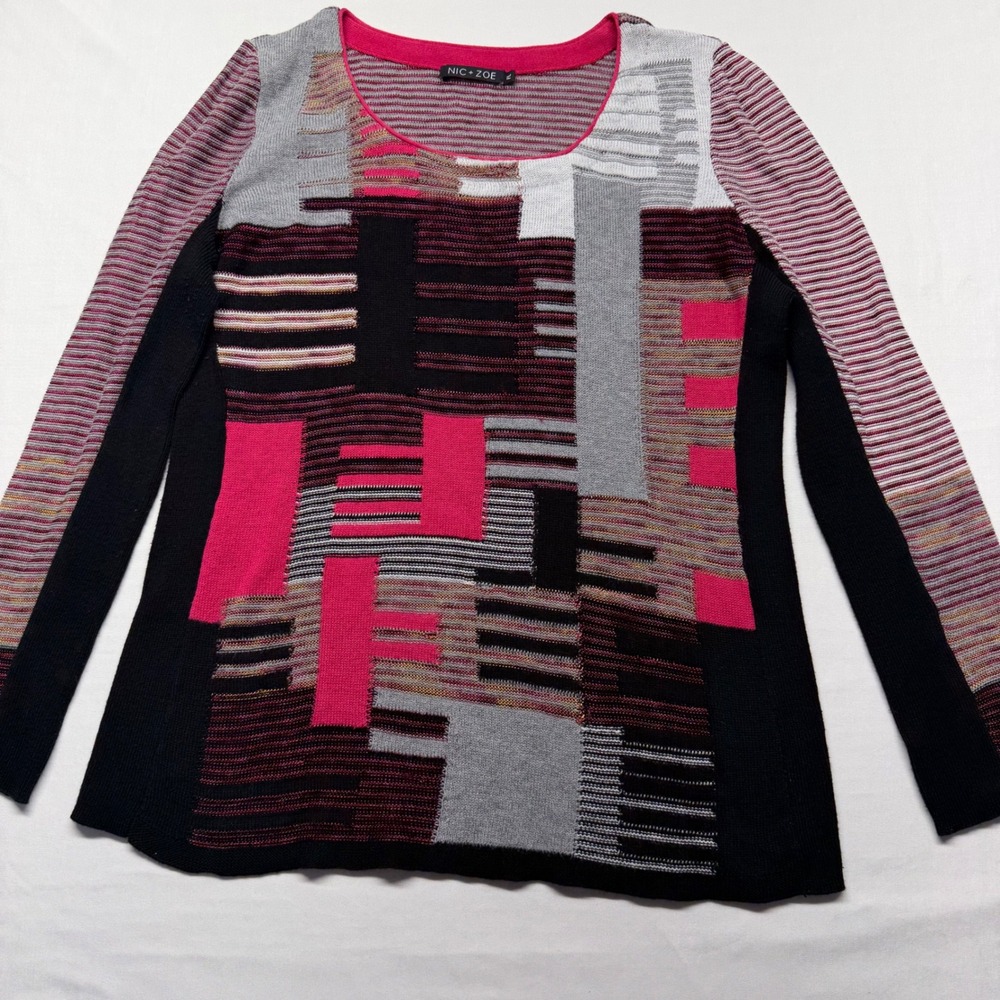 NIC+ZOE Patchwork Knit Sweater Pink Black Colorblock Artsy Stretch Top